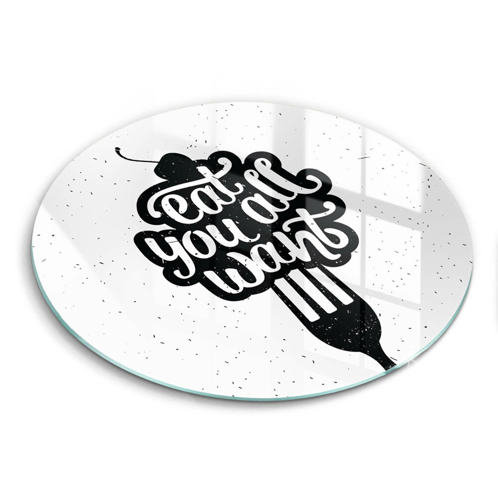 Skleněná krájecí deska okrągła Nápis Jezte, co hrdlo ráčí