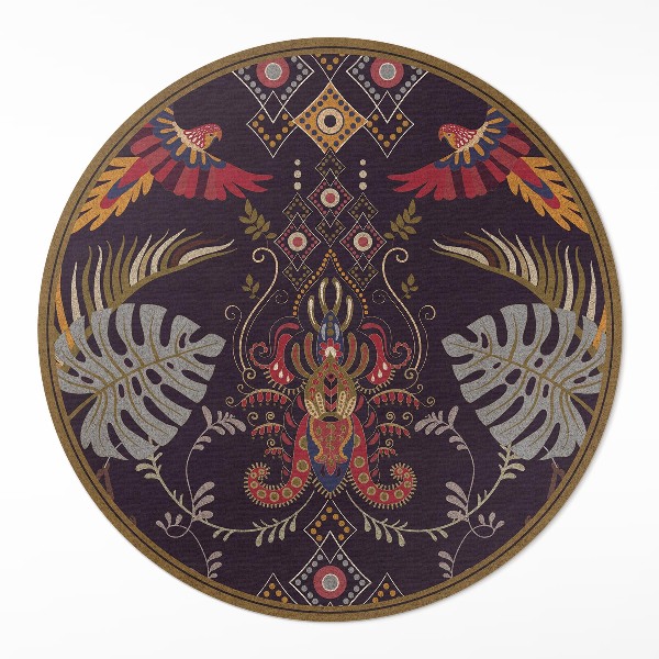 Kulatý vinylový koberec Papoušci a listy monstery