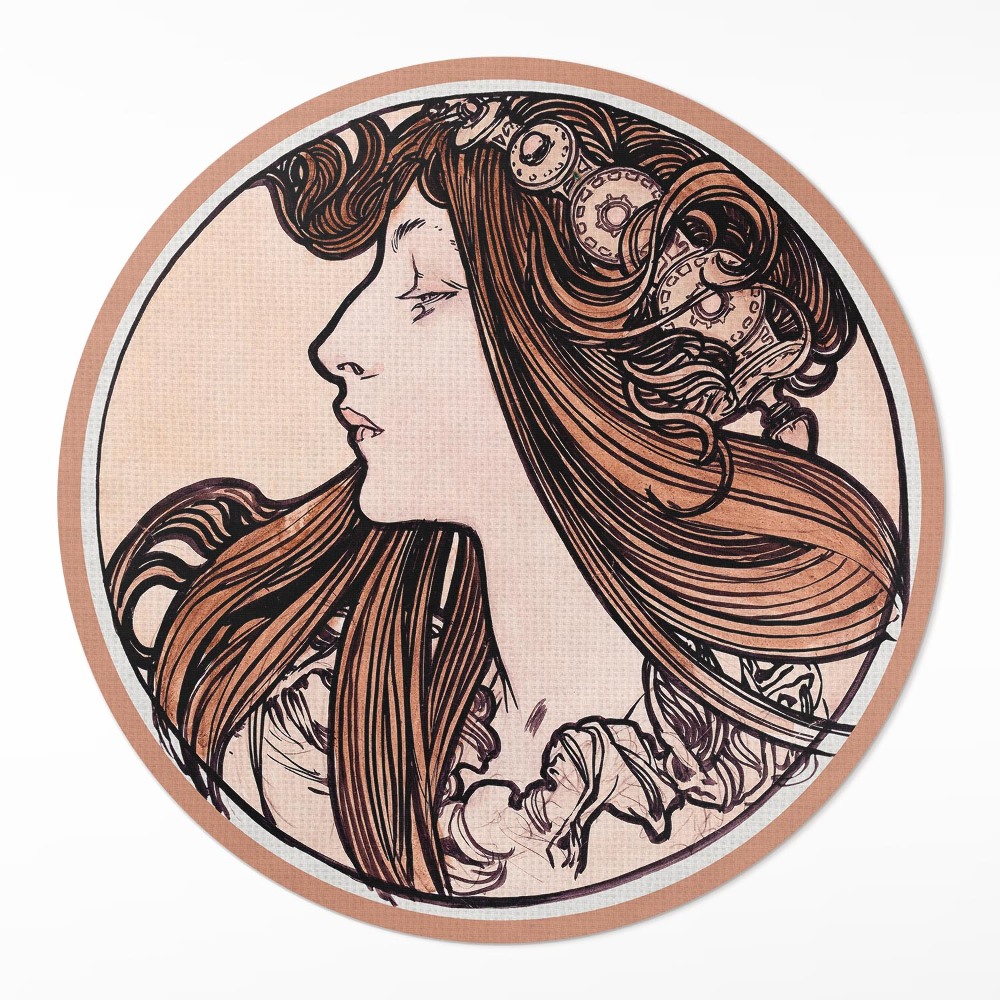 Kulatý vinylový koberec Vitráž s ženou Alfons Mucha