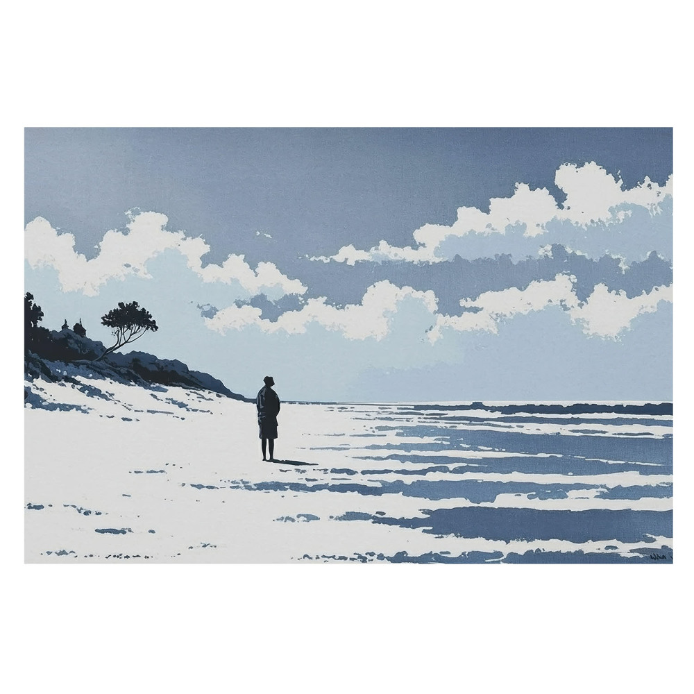 Tapeta Osamělá postava na pláži modré pozadí