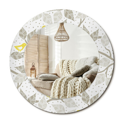 Kulaté dekorační zrcadlo na zeď Žlutí ptáci na větvích