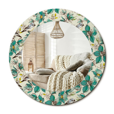 Kulaté zrcadlo rám s potiskem Květiny a ptáci