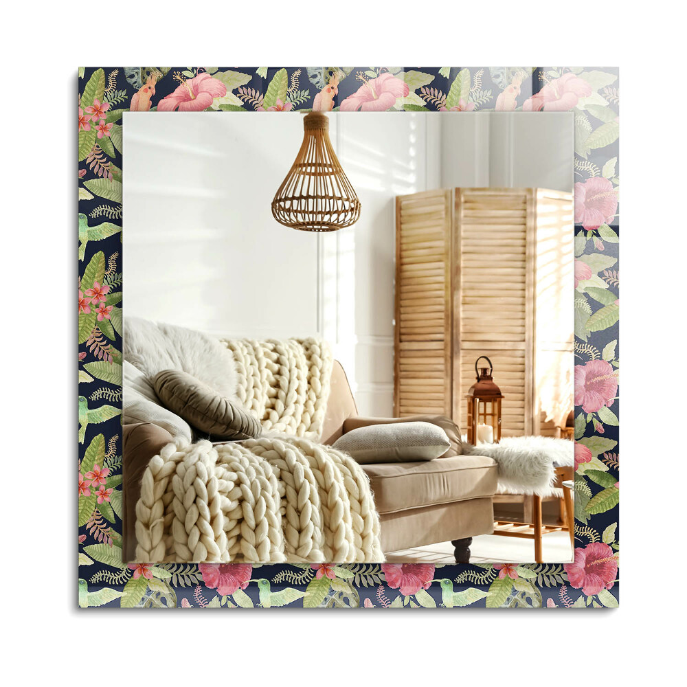 Obdélníkové dekorační zrcadlo na zeď Květiny a ptáci