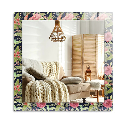 Obdélníkové dekorační zrcadlo na zeď Květiny a ptáci