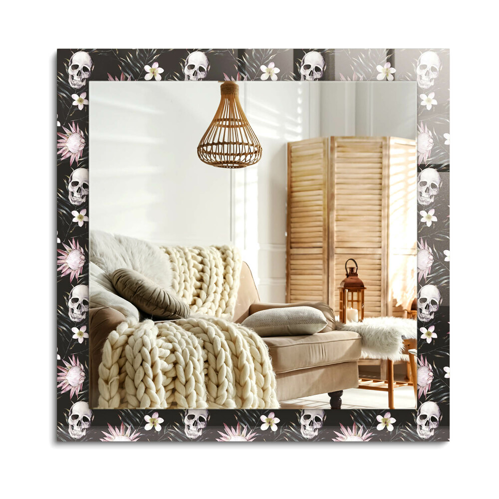 Obdélníkové zrcadlo rám s potiskem Lebky a květiny