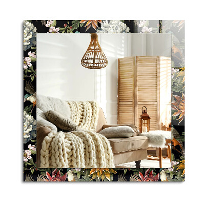 Obdélníkové dekorační zrcadlo na zeď Květiny a ptáci