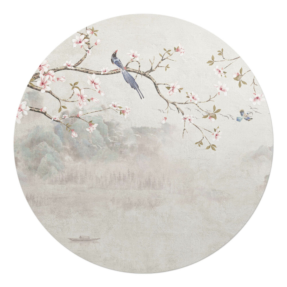 Ochranná podložka pod židli kulatá Květiny a ptáci na větvi