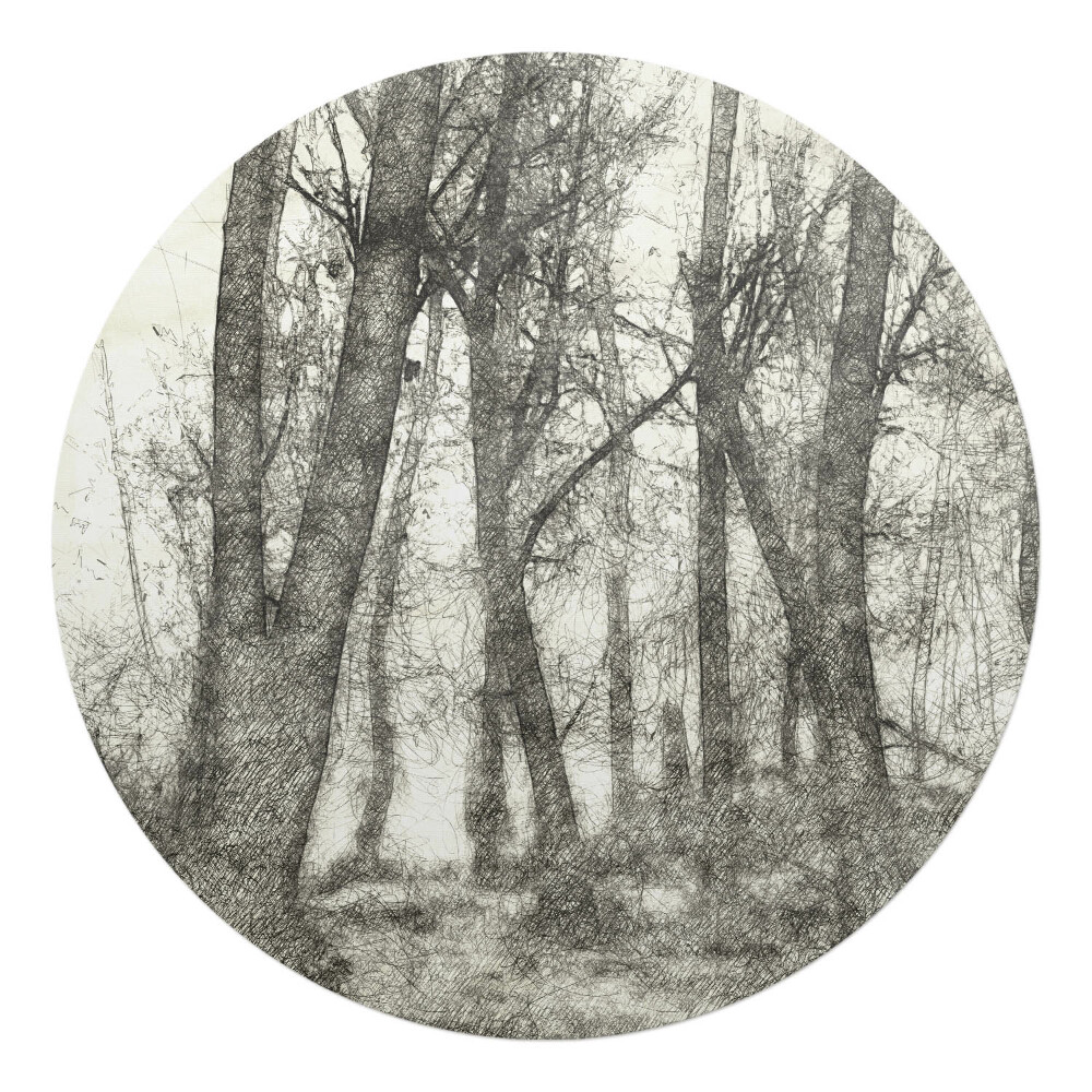 Podložka pod křeslo kulatá Náčrt lesa v sépiové barvě
