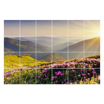 Samolepka na dlaždice Horská krajina s květinami