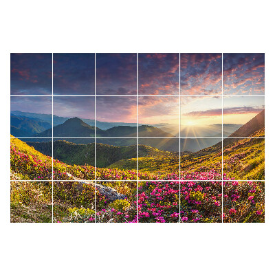 Samolepka na dlaždice Horská krajina s květinami