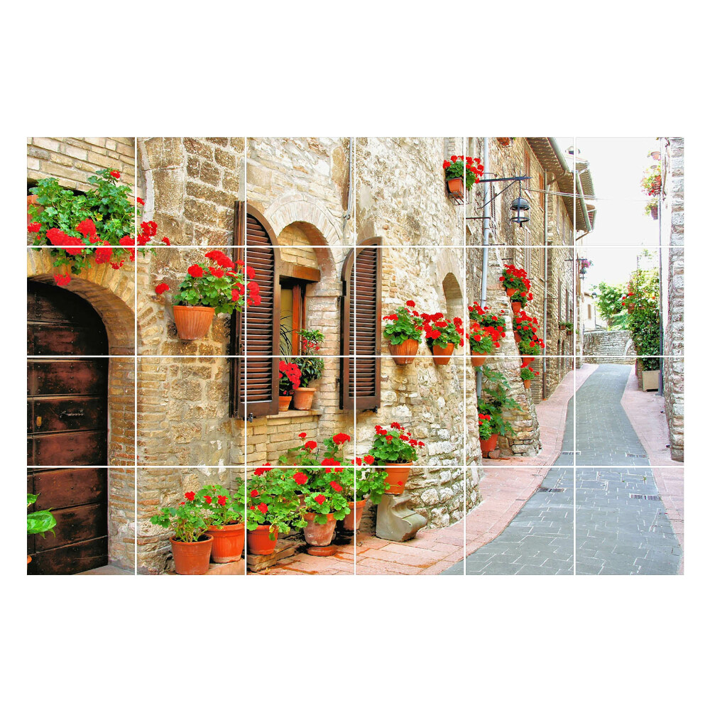 Samolepka na dlaždice Okouzlující ulice s květinami