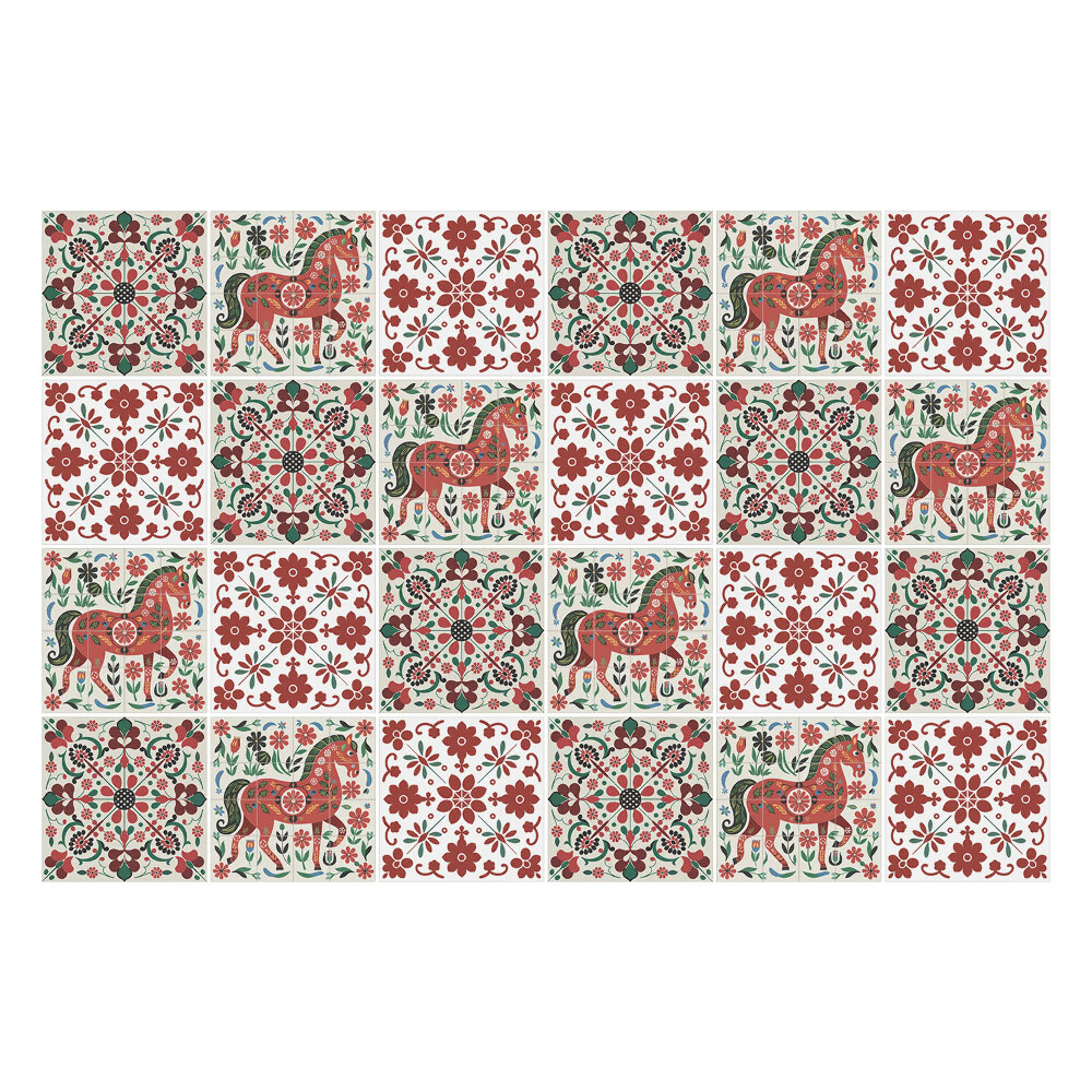 Samolepka na dlaždice Folklór o koních a květinách