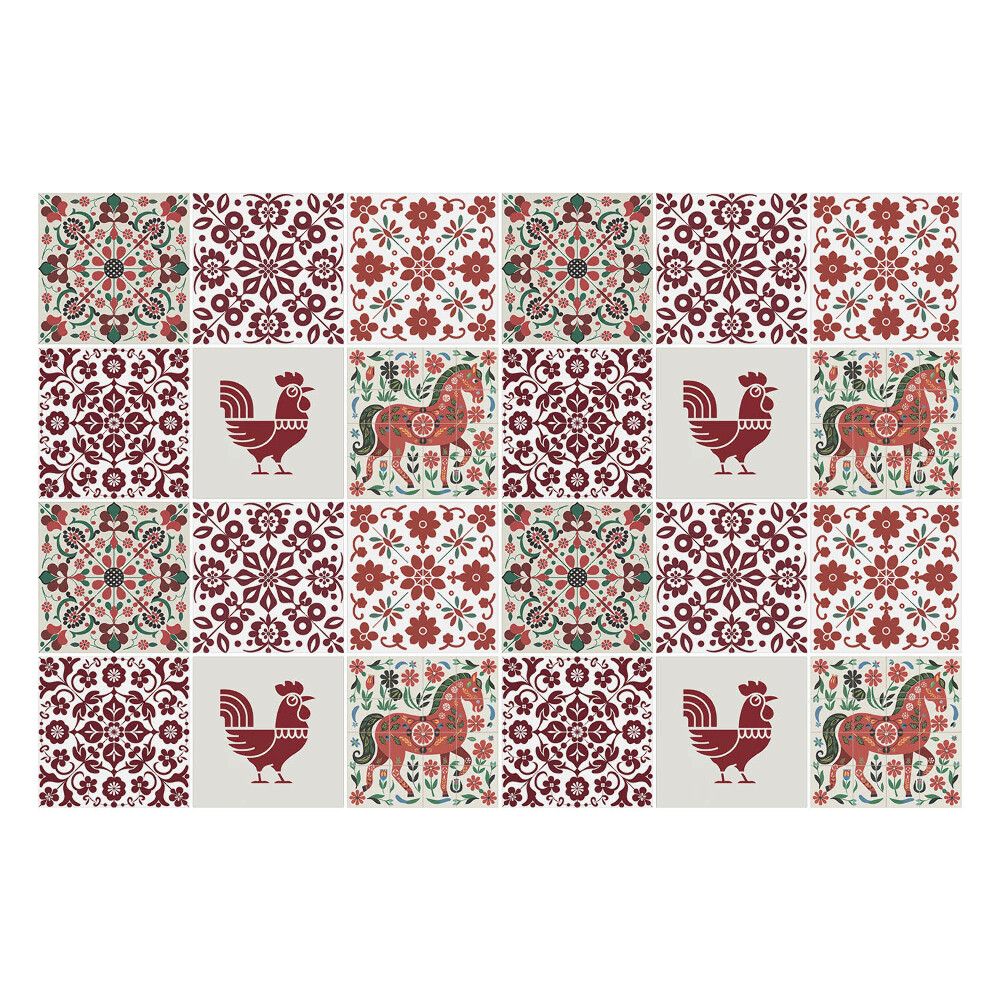 Samolepka na dlaždice Kuřata a koně v květinách