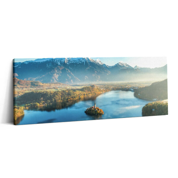Obraz canvas 125x50 cm Budova na jezeře v horách