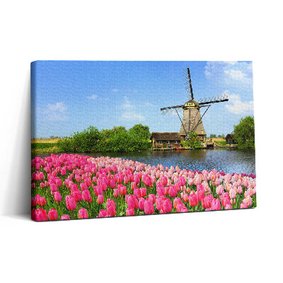 Obraz canvas 30x20 Holandský větrný mlýn s květinami