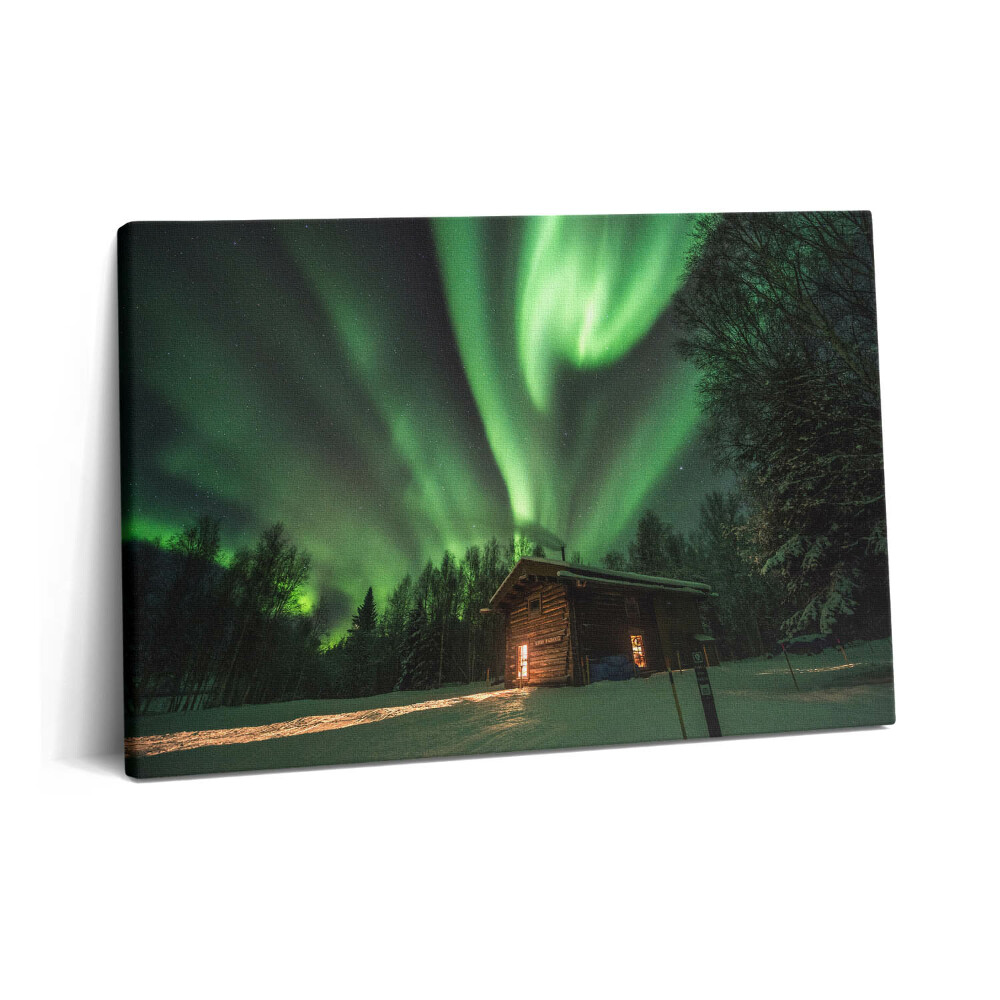 Obraz z fotografie na plátně 60x40 cm Polární záře a dům v lese
