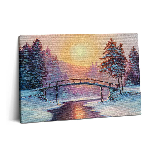 Obraz na plátně 60x40 cm Malba - most přes řeku a zimní západ slunce