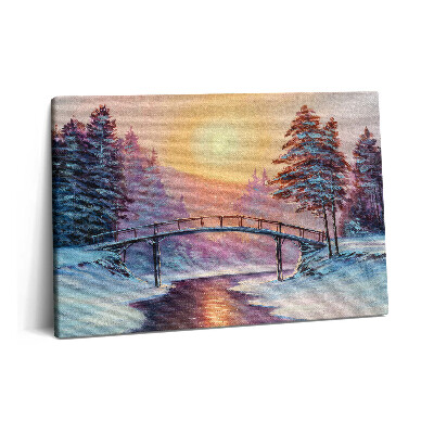 Obraz na plátně 60x40 cm Malba - most přes řeku a zimní západ slunce