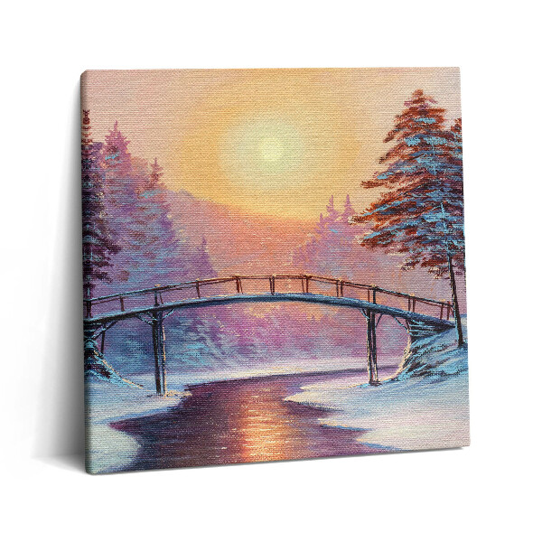Obraz canvas 60x60 cm Malba - most přes řeku a zimní západ slunce