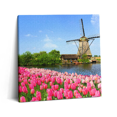 Obraz z fotografie na plátně 60x60 cm Holandský větrný mlýn s květinami