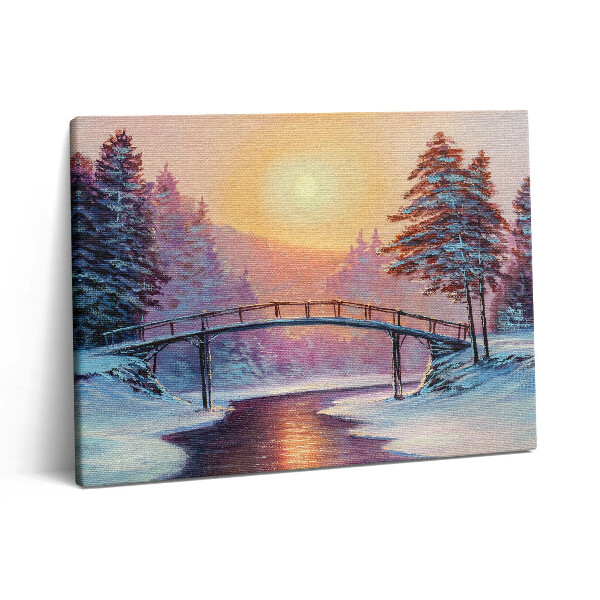 Obraz canvas 80x60 cm Malba - most přes řeku a zimní západ slunce