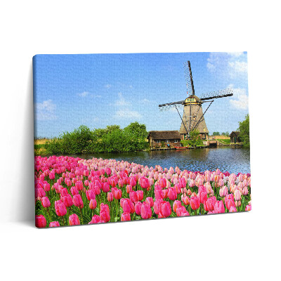 Obraz na plátně 80x60 cm Holandský větrný mlýn s květinami
