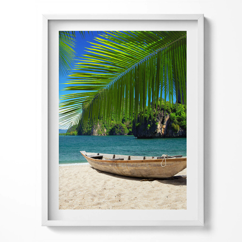 Obraz v rámu Loď na pláži pod palmou