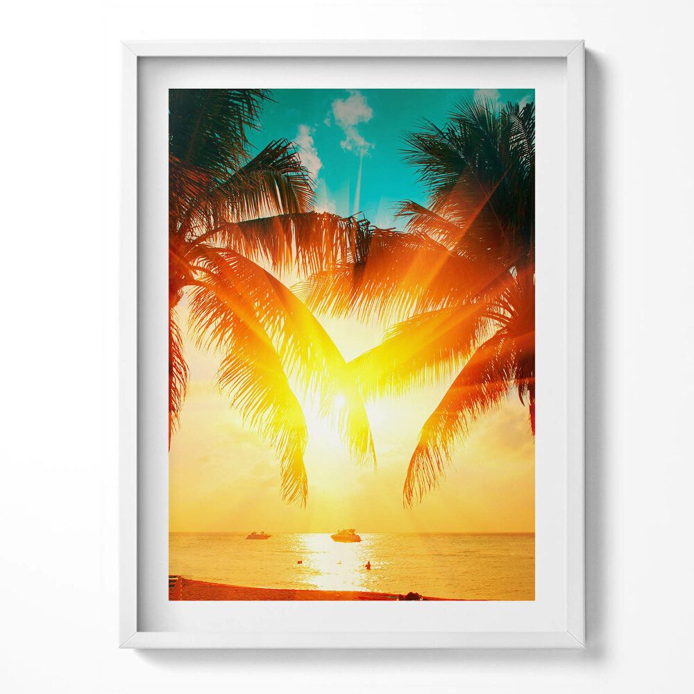 Obraz v rámu Pohled na dovolenou - palmy při západu slunce