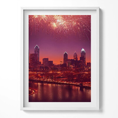 Obraz v rámu Město v noci ohňostroj ve Philadelphii