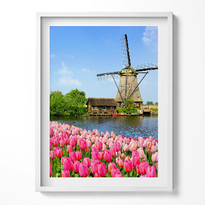 Obraz v rámu Holandský větrný mlýn s květinami