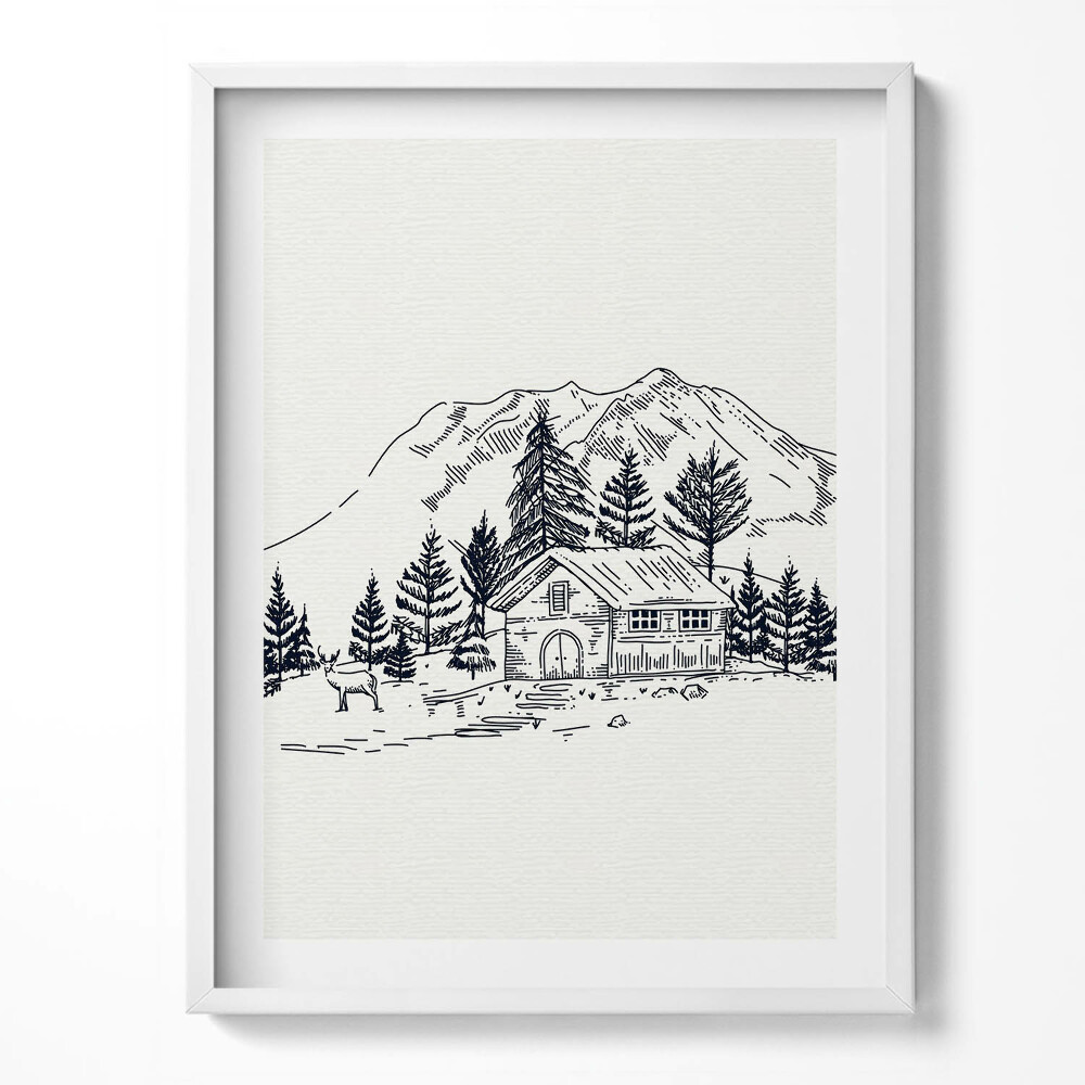 Obraz v rámu Kresba chaty v horách