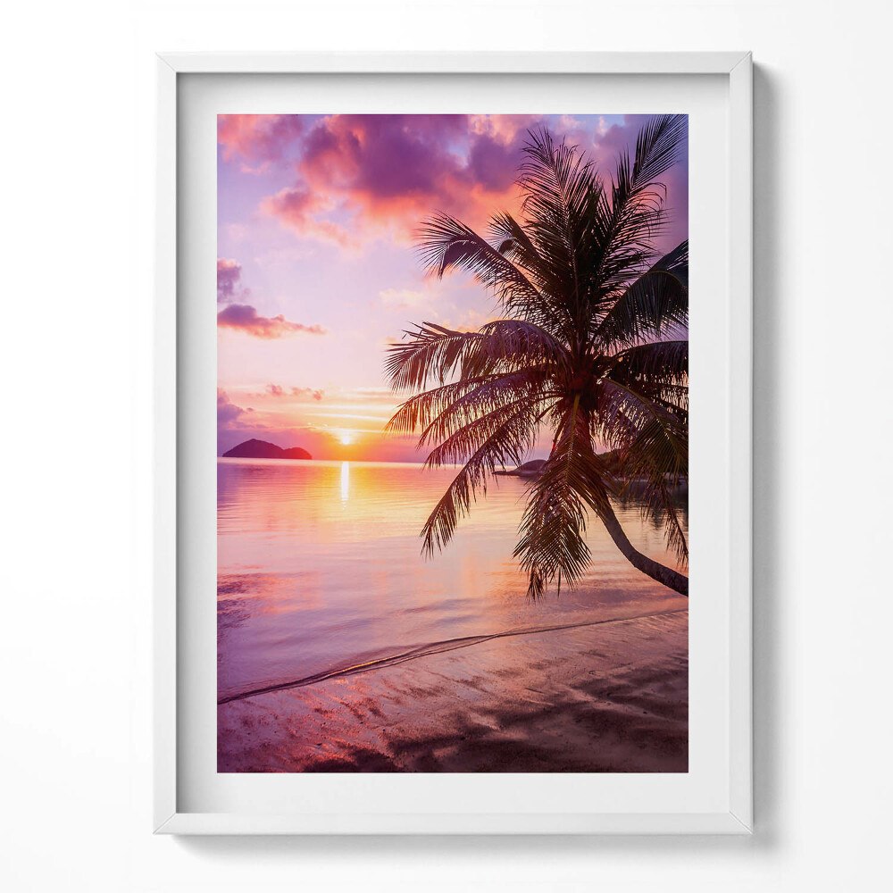 Obraz v rámu Palma na pláži při západu slunce
