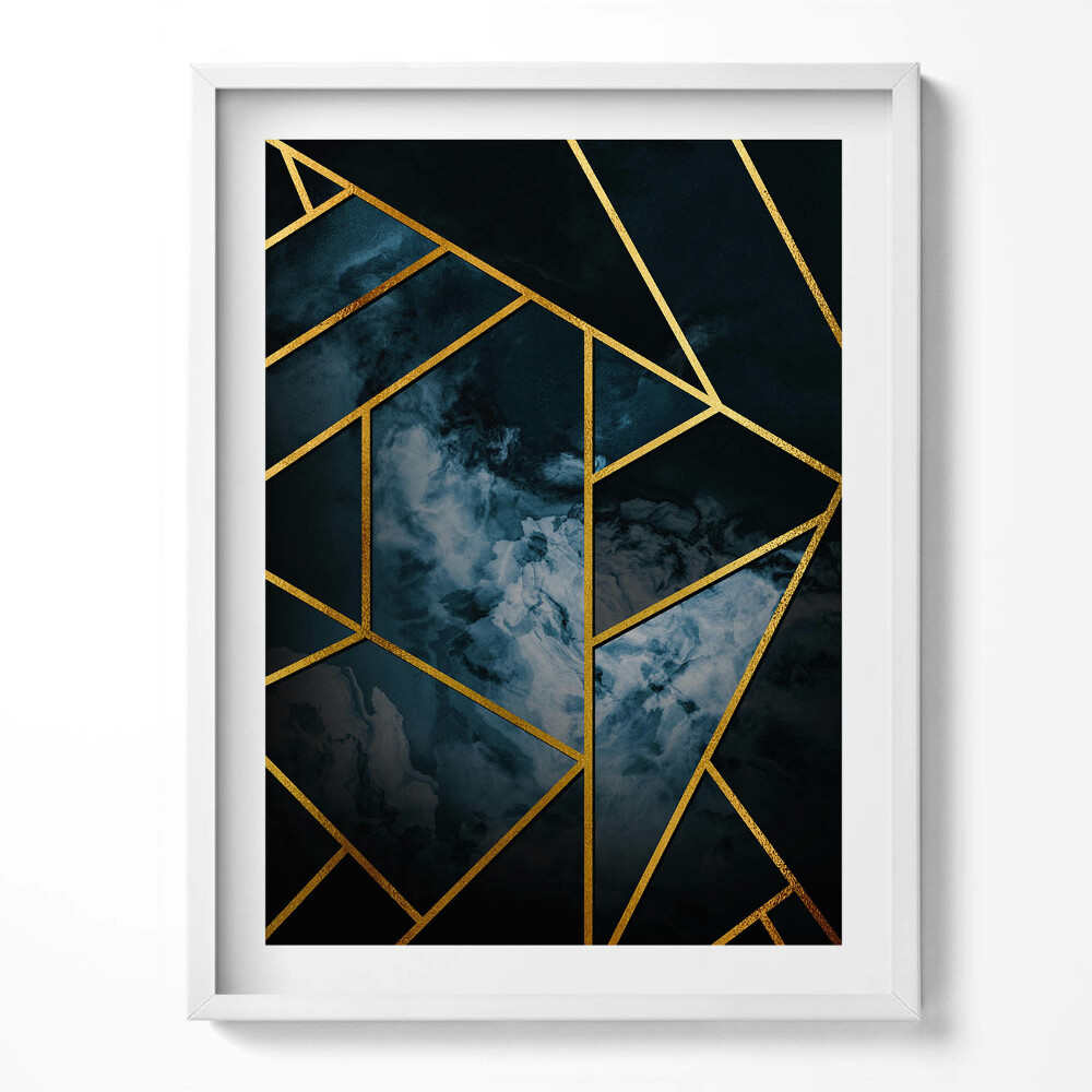 Obraz v rámu Tmavá geometrická abstrakce se zlatem