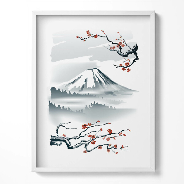 Obraz v rámu Japonská ilustrace hory Fuji a třešňových květů
