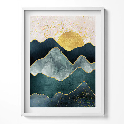 Obraz v rámu Abstraktní krajina hor a zlatého slunce