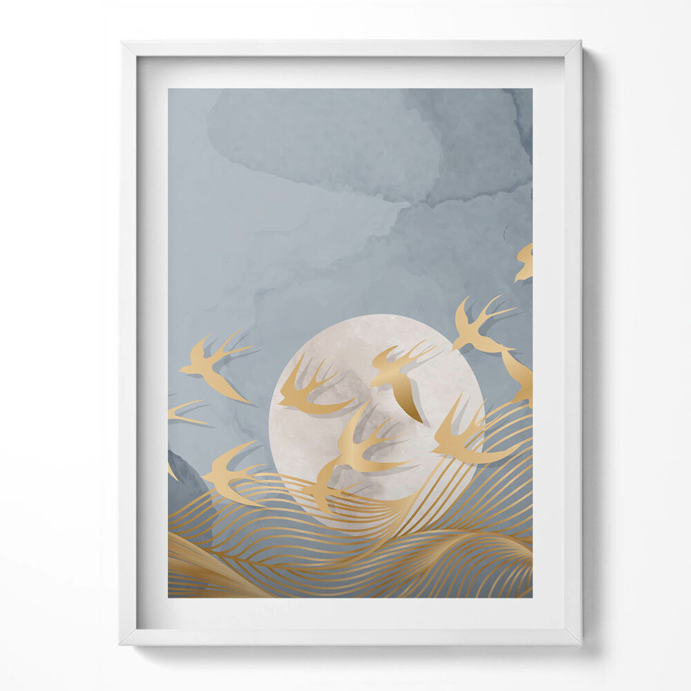 Obraz v rámu Ilustrace měsíce a létajících ptáků