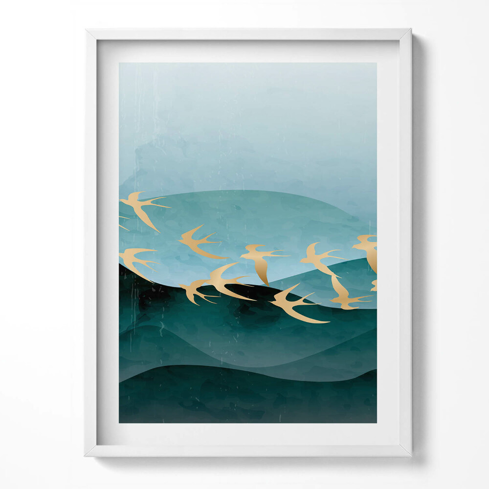 Obraz v rámu Ilustrace zlatých ptáků na obloze