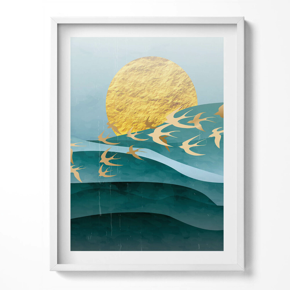 Obraz v rámu Ilustrace zlatých ptáků na obloze