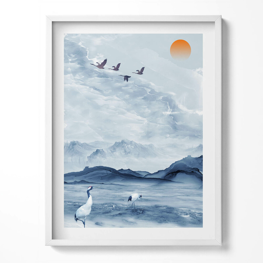 Obraz v rámu Malovaná krajina jezera a jeřábů