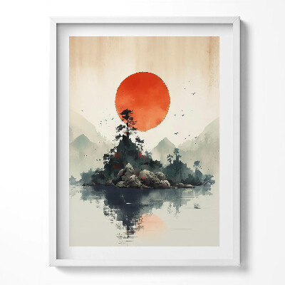 Obraz v rámu Japonská ilustrace slunce nad skalami a stromy