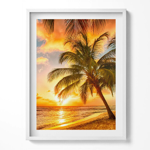 Obraz v rámu Palma na pláži při západu slunce