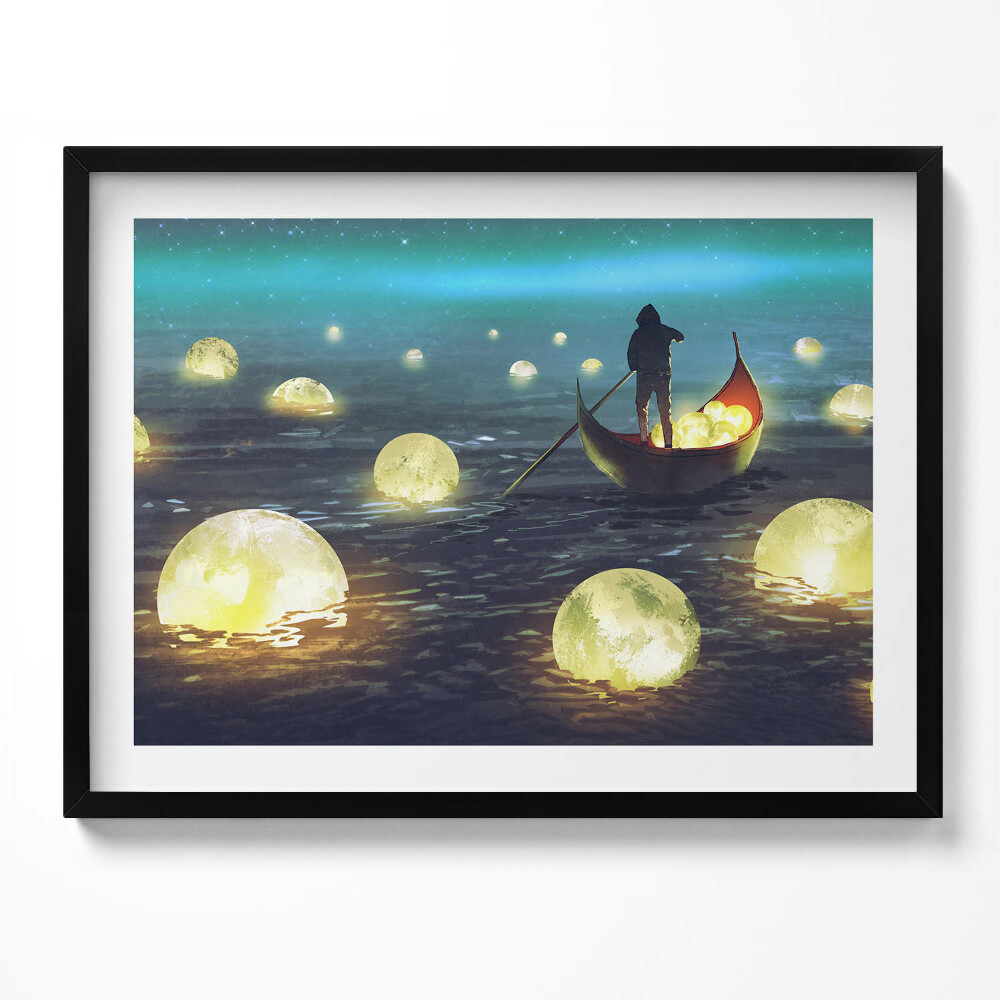 Obraz s rámem Ilustrace lodí a měsíců