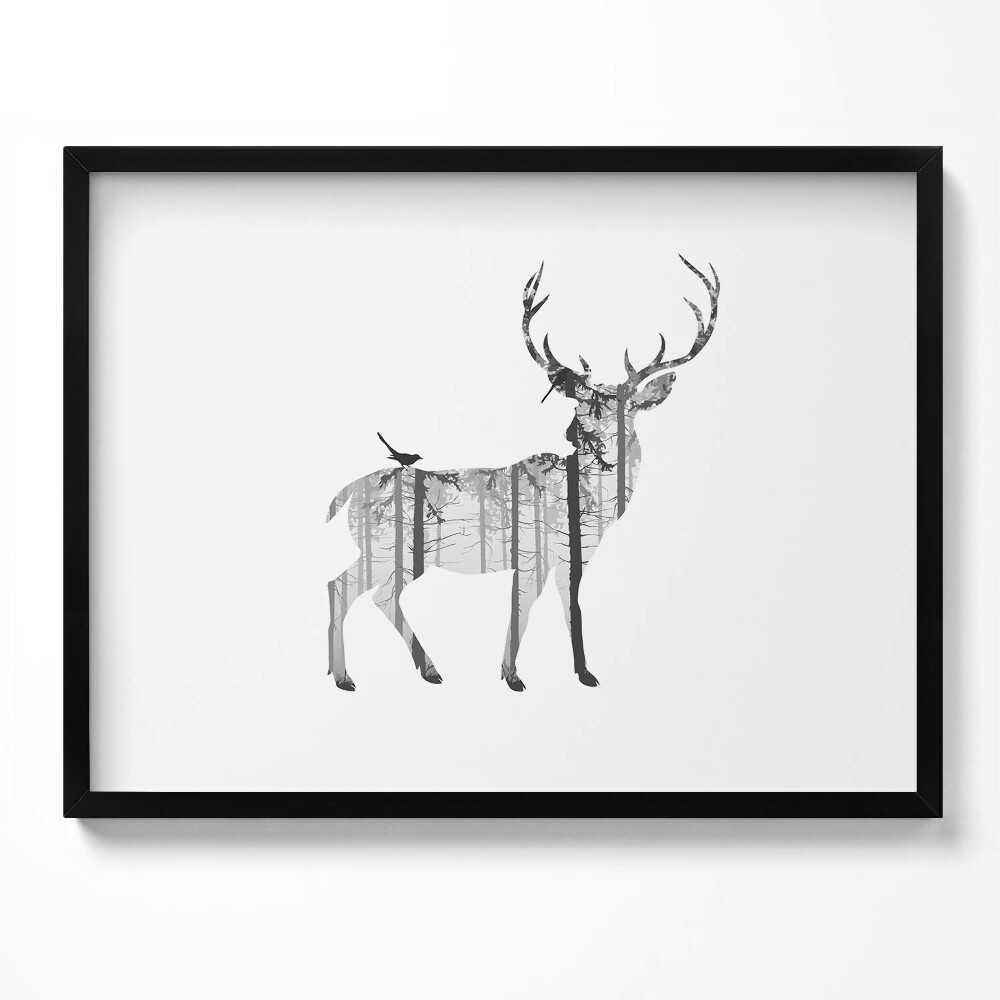 Obraz s rámem Silueta jelena a lesa
