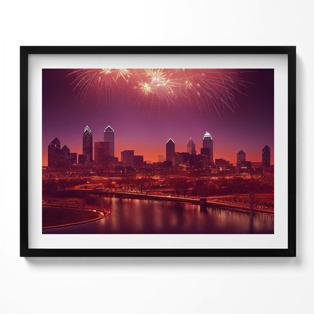 Obraz s rámem Město v noci ohňostroj ve Philadelphii
