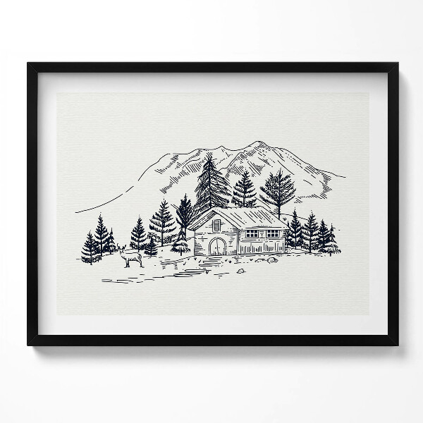 Obraz s rámem Kresba chaty v horách