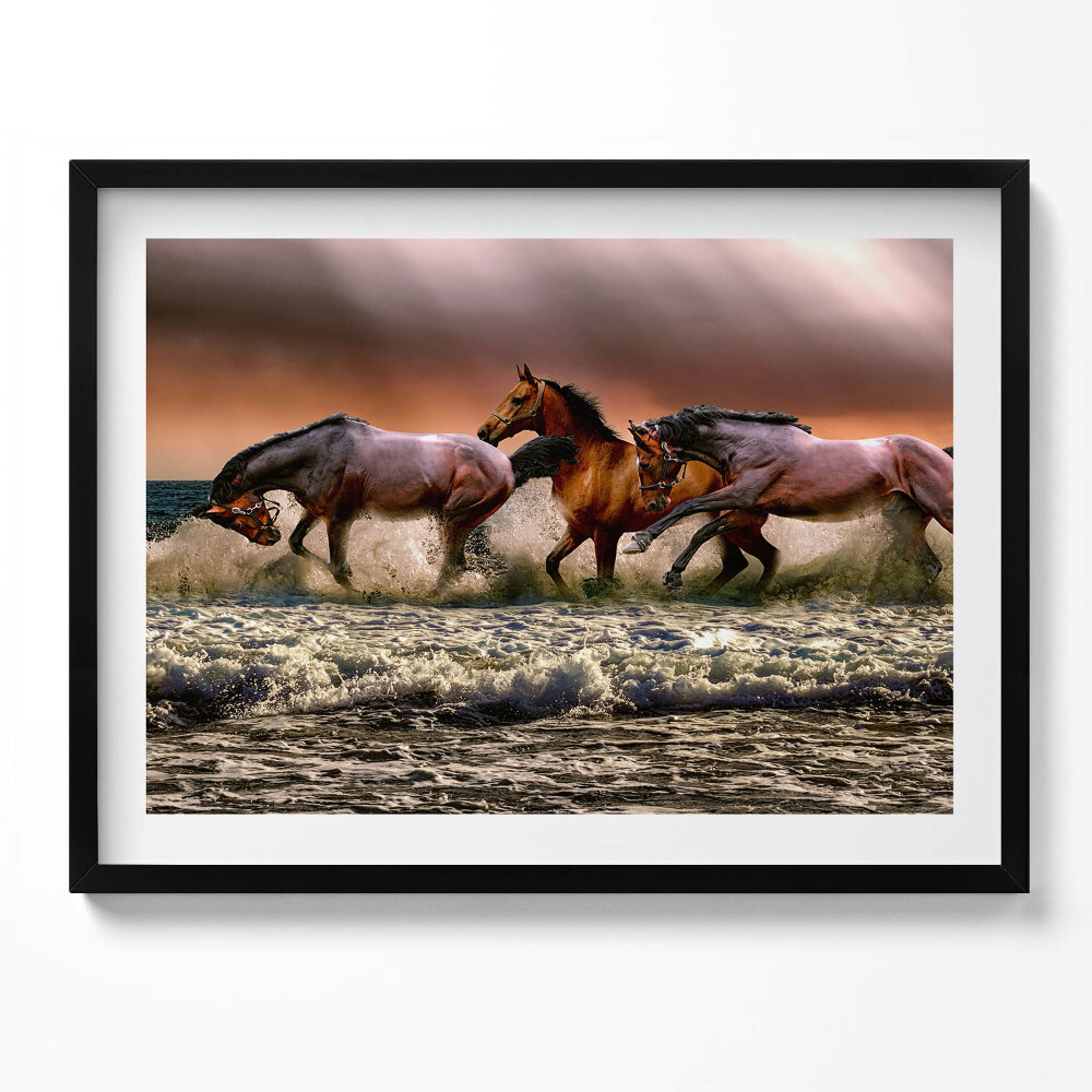 Obraz s rámem Koně spěchající ve vodě