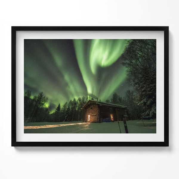 Obraz s rámem Polární záře a dům v lese