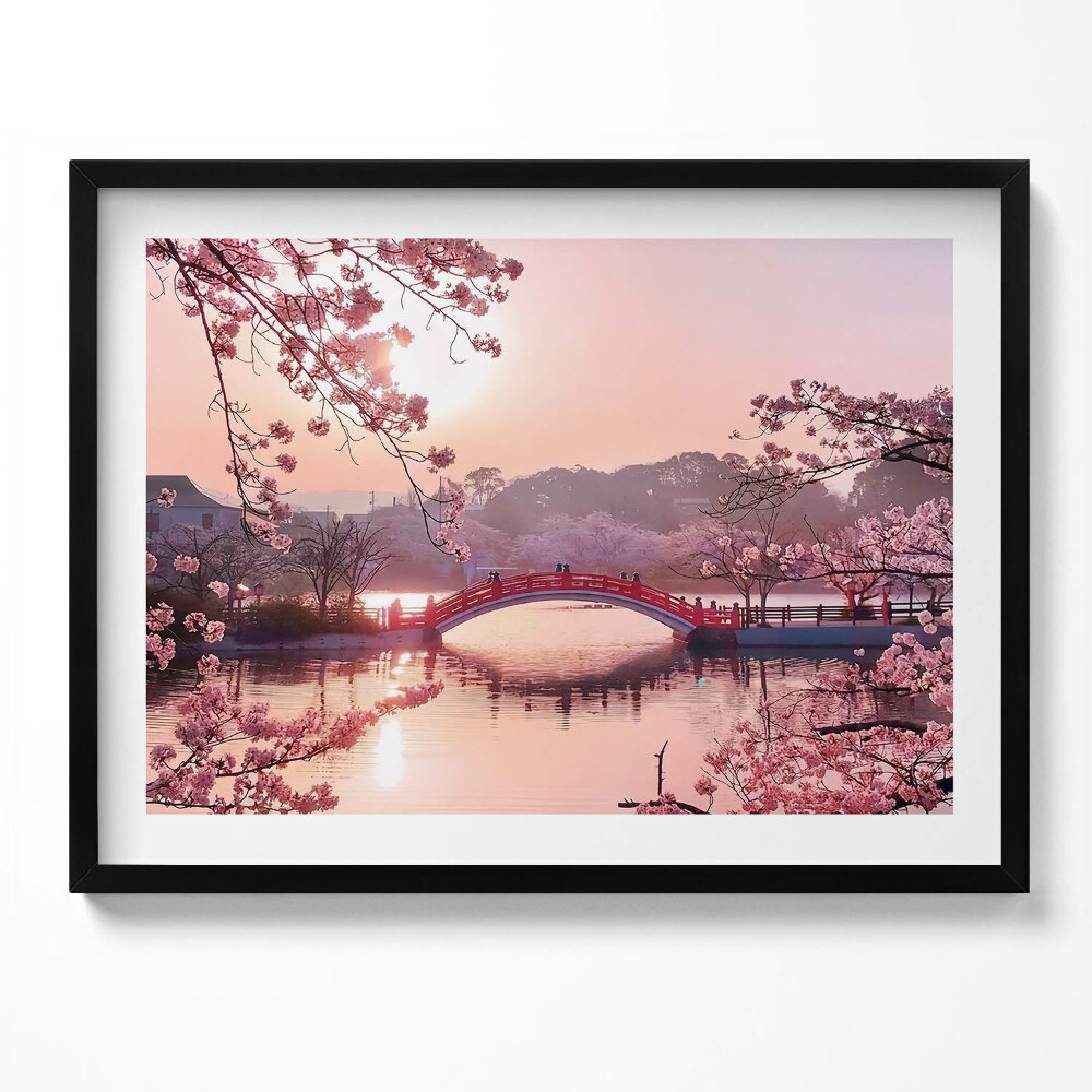 Obraz s rámem Třešňové květy a most - japonský styl