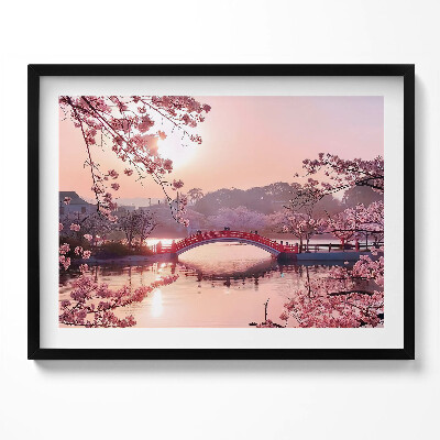 Obraz s rámem Třešňové květy a most - japonský styl