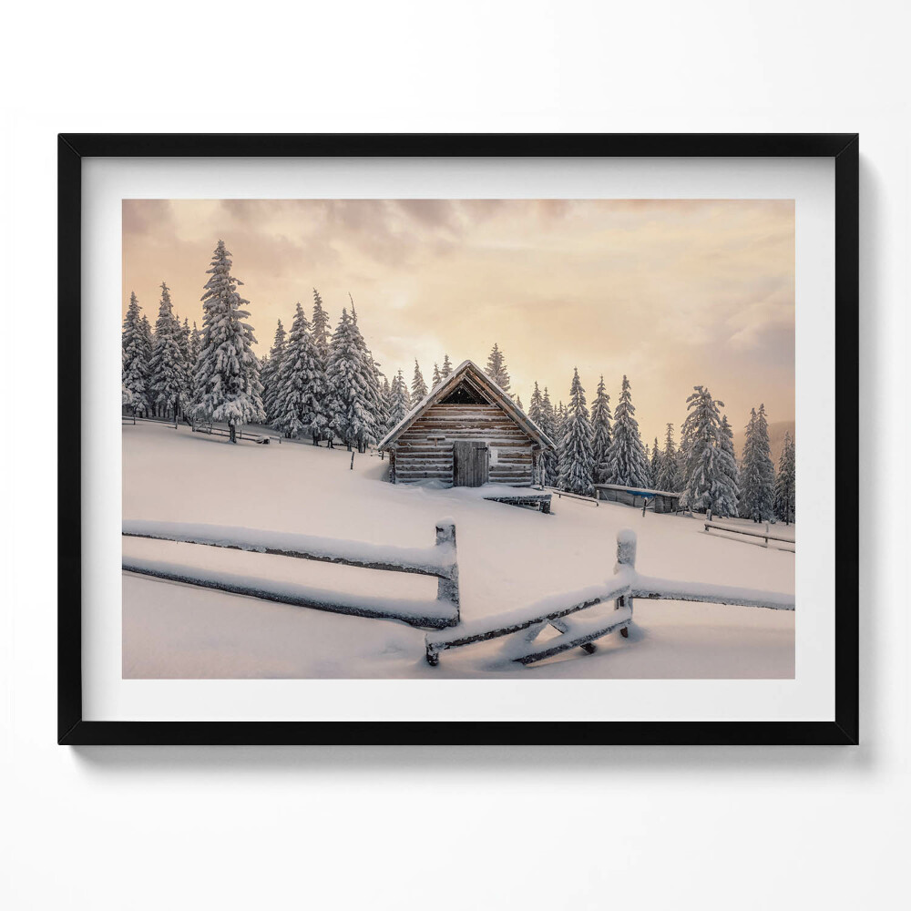 Obraz s rámem Krajina horské chaty v zimě a při západu slunce